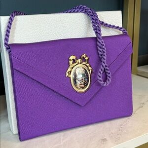 Christian Dior Vintage Purple Satin Clutch with Gold Bow Medallion